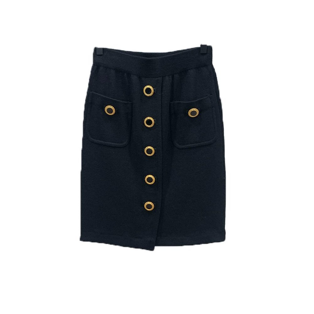 Black Knit Skirt Gold Button Details Pencil Skirt Balmain Style EUC 2 Small